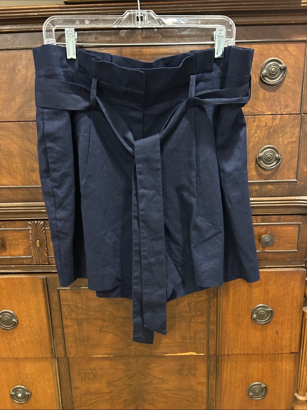 Boden Navy High Waist Linen Blend Paper Bag Shorts with Fabric Belt